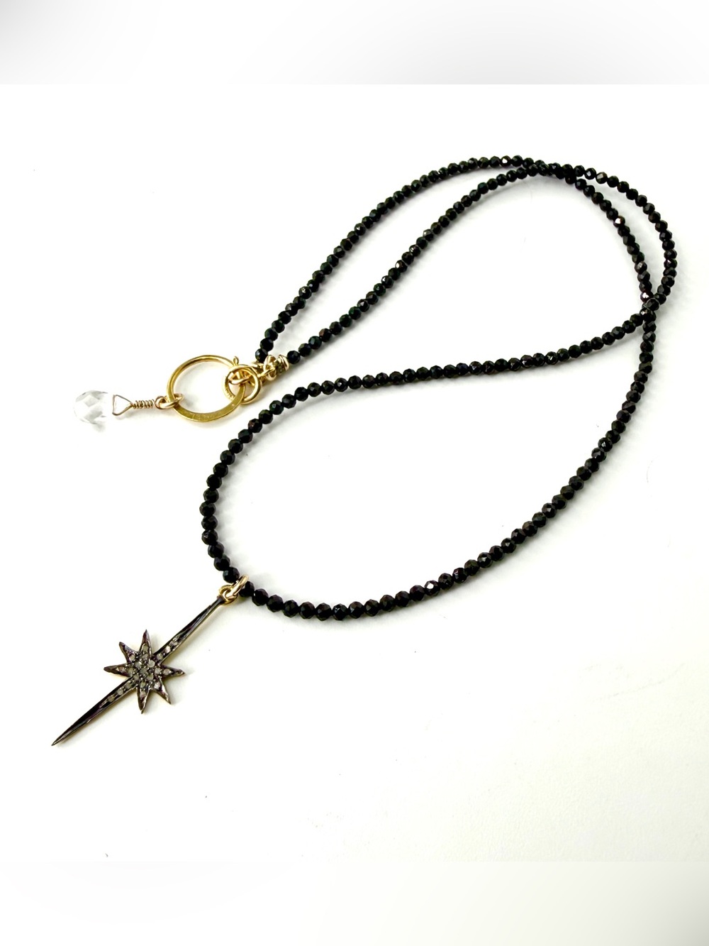 Black Spinel Necklace, Pave’ Diamond Sunburst Pendant